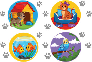 Fototapeta premium Cute cartoon pets collection with dog cat fish and bird in circles for animal care and pet shop design vector