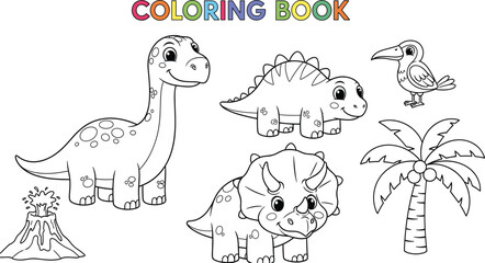 Cute cartoon dinosaur coloring book page collection with triceratops stegosaurus diplodocus and volcano for kids education activity vector illustration © Laxman