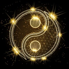 Description: A golden glowing Yin Yang symbol representing a perfect business deal. The geometric mesh and stardust highlights symbolize strategic harmony, successful partnership, and the balanced exc