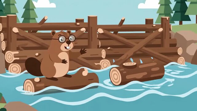 Animated Beaver Building Dam In Cartoon Style, Floating On Log, Vector Illustration