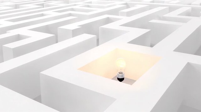 Single glowing candle placed in center of complex white maze walls creating warm light pool surrounded by endless labyrinth paths in darkness