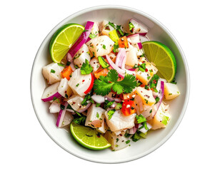 Overhead shot of a colorful ceviche dish served in a white bowl with lime wedges