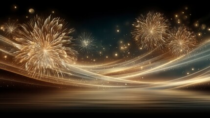 Brilliant fireworks bloom across a dark sky while silky golden streams glide beneath, creating an energetic yet refined scene ideal for festive headers, invitations, and luxury campaigns.
