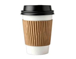 A photorealistic, isolated coffee cup with a lid and a textured sleeve on a transparent background
