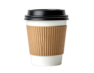 Plain coffee cup with a brown ribbed sleeve and a black lid, against a stark black background