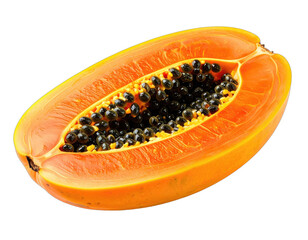 Close-up of halved tropical fruit showcasing bright orange flesh and dark, clustered seeds