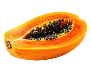 Half papaya showing orange flesh and black seeds on a transparent background