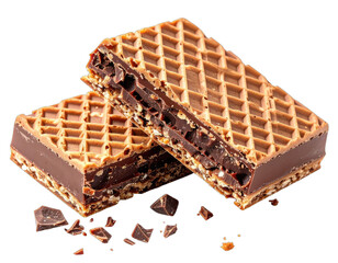 A close-up showcases a crispy wafer cookie with layers of chocolate filling and bits