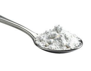 A metallic spoon angled diagonally, holding a portion of white, powdered substance
