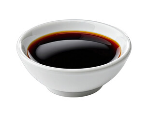 A small white bowl, angled, holding a dark, rich liquid, likely a sauce. Black background