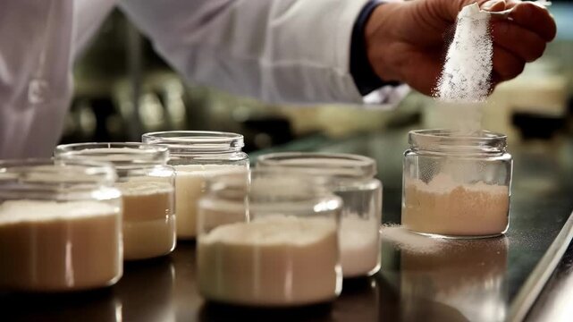 Operator carefully mixing polishing slurries in a lab environment demonstrating precision blending of diamond alumina and cerium compounds.