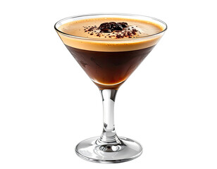 Close-up of espresso martini cocktail in a classic glass. Garnished with coffee beans