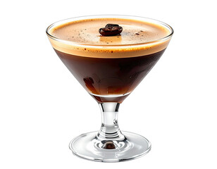 Cocktail presentation in a stemmed glass with a coffee bean garnish, dark liquid