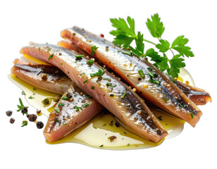 Close-up of preserved, cured seafood fillets seasoned and garnished with fresh herbs