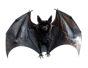 Black bat with extended wings, detailed texture and reddish accents, isolated on black background