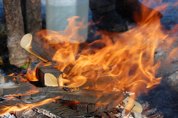 A log fire burns late in the evening.