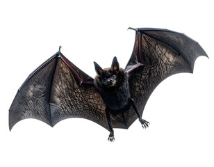 A photorealistic bat, wings spread mid-flight, facing camera, against a transparent background