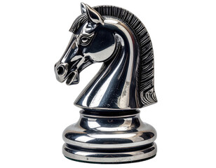 Close-up of a shiny, metallic chess piece knight against a black background