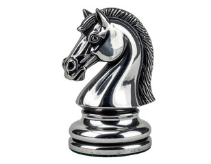 Metallic chess piece depicting a knight's head with a stylized mane. Polished silver finish