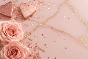 Fototapeta premium A delicate arrangement of roses heart shaped cookies and glittering confetti on a marble surface