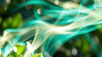 Dynamic teal and green light trails over foliage