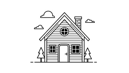 Fototapeta premium Simple House Illustration with Trees and Clouds.
