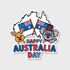 Obraz premium Cute cartoon kangaroo and koala characters celebrating Happy Australia Day with Australian flags and map outline Illustration