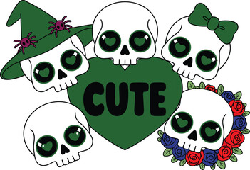 Cute skull illustration set with green heart flowers bow and witch hat showing kawaii spooky love theme isolated on white background vector design