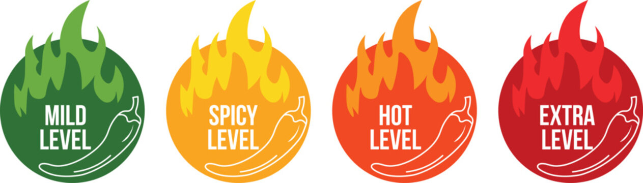 Spicy pepper heat levels illustrated with colorful flame icons