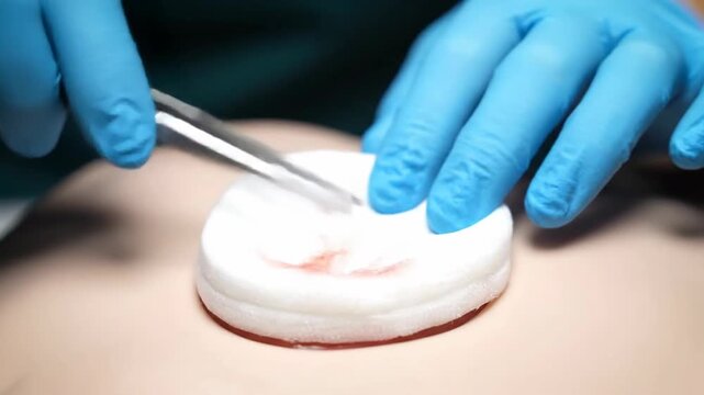 Close-up of sterile cleaning of surgical stoma with gloved hands