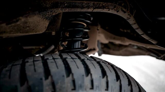 Detailed view of car suspension system with coil spring shock absorber strut and rugged all-terrain tire tread under vehicle chassis