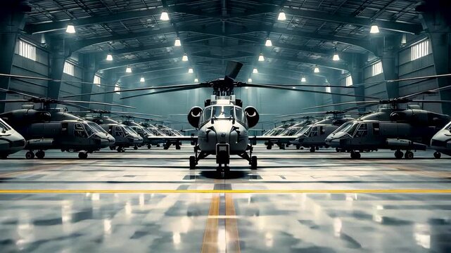 Military helicopter hangar interior with rows of black attack helicopters parked on glossy floor under bright overhead lights in airbase facility