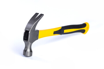Claw hammer, yellow handle. Studio shot isolated white background