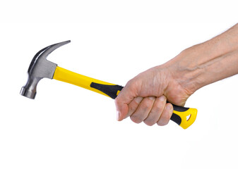 Male hand holding hammer isolated on white background