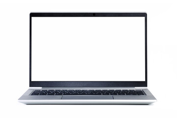 Silver laptop with white blank screen on white background