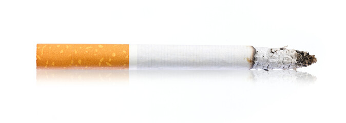 Cigarette with lit end and ash, isolated on white background