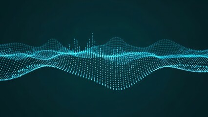 Abstract digital sound wave visualization with glowing blue particles forming a dynamic audio spectrum graph against a dark teal background, representing technology and music