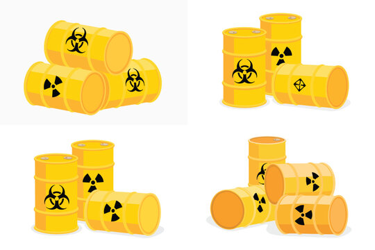 Hazardous material storage barrels with biohazard and radiation symbols