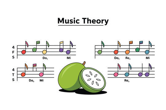 Music theory illustration with fruit and musical notes