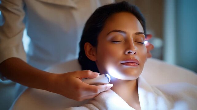 A beauty specialist using a non-invasive LED facial treatment wand, soft colored lights reflecting on the client&rsquo;s relaxed face &mdash; spa technology, skin rejuvenation, and advanced cosmetic
