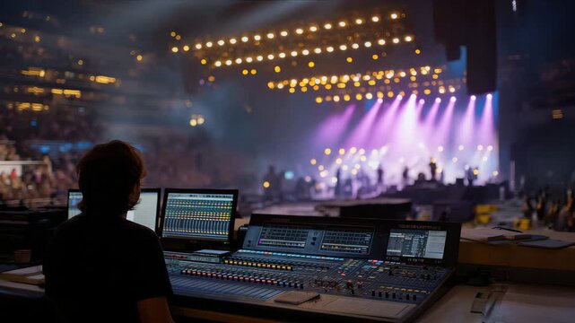 A behind-the-scenes concert rehearsal where sound engineers adjust mixing boards, stagehands run cables, and musicians warm up under colorful stage lights &mdash; live event preparation, performance