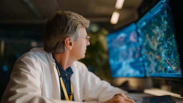 A cardiologist reviewing non-invasive cardiac imaging on a wall-sized monitor, analyzing blood flow animations without the need for catheters &mdash; heart health, precision cardiology, and gentle