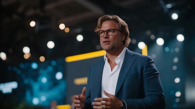 A CEO delivering a keynote speech at a tech conference, illuminated by stage lights and backed by futuristic graphics &mdash; thought leadership, industry influence, and global innovation messaging.