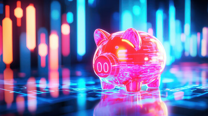 Digital piggy bank symbolizes modern finance, surrounded by vibrant data visualizations and glowing graphs, representing innovation and technology