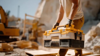 A construction worker sliding a heavy tool case down a makeshift chute on a jobsite, dust rising as equipment moves safely — practical engineering, jobsite workflow, and industrial operations.