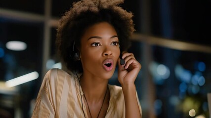 A crisis hotline worker sitting alone under warm desk light at 3 a.m., speaking softly into a headset while providing emotional support to someone in distress — mental health crisis response,