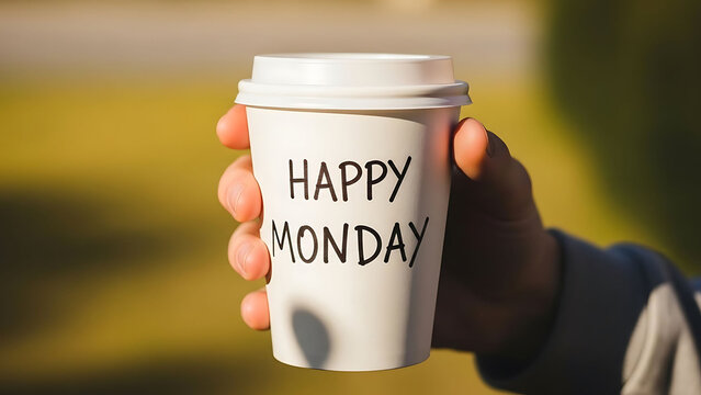 Hand holding white coffee cup with happy monday text outdoors