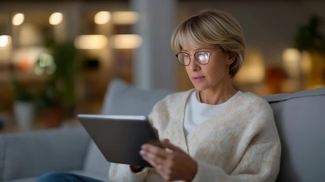A consumer browsing an online marketplace on a tablet in a cozy living room, personalized product recommendations glowing on-screen as they scroll through trending items &mdash; e-commerce browsing,