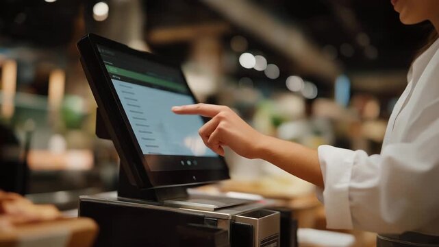 A consumer using a self-checkout kiosk at a supermarket, placing items on the scale with smooth efficiency as the UI displays prices and digital coupons &mdash; automated retail, frictionless checkout,