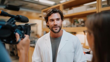 A documentary media crew filming an expert scientist inside a lab, holding reflectors and adjusting lav microphones to capture crisp audio amid sensitive equipment — educational filmmaking, science